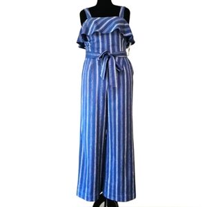 ANTONIO MELANI Women's Size‎ 10 Navy Striped Linen/Cotton Blend Jumpsuit W/ Belt